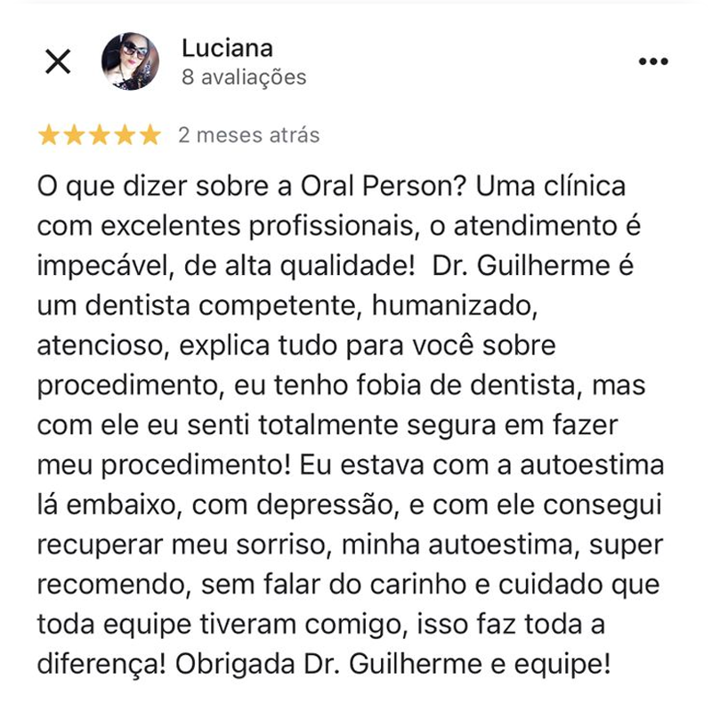 Avaliação de paciente da Oral Person no Google